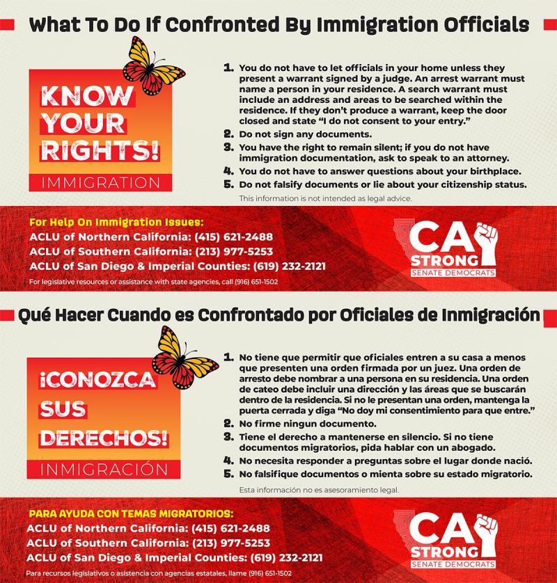Bilingual English and Spanish Know Your Rights infographic outlining five rights when encountering immigration officers, including home entry, remaining silent, and refusing to sign documents, with ACLU contact information for immigration assistance.